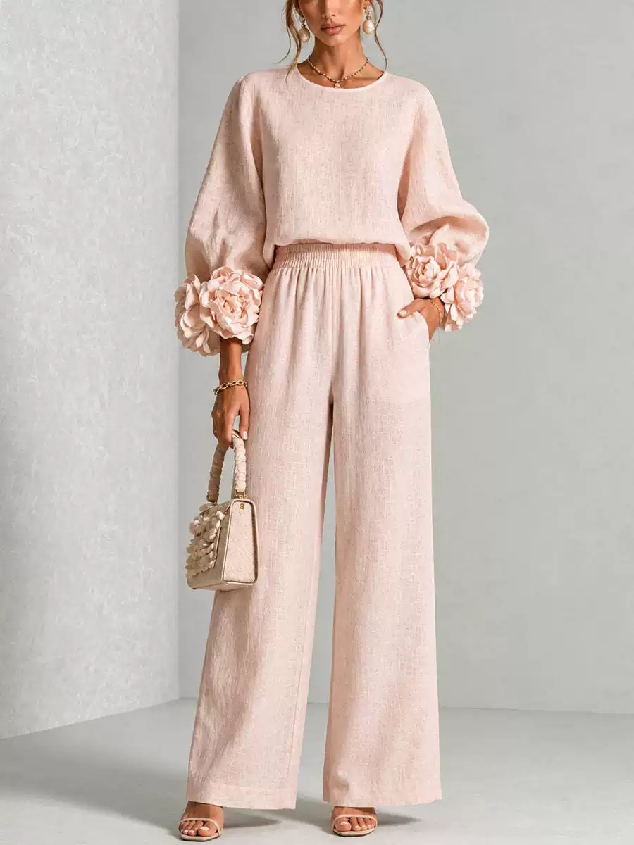 Linen Pant Wide - Ladies' Linen Two-Piece Set with 3D