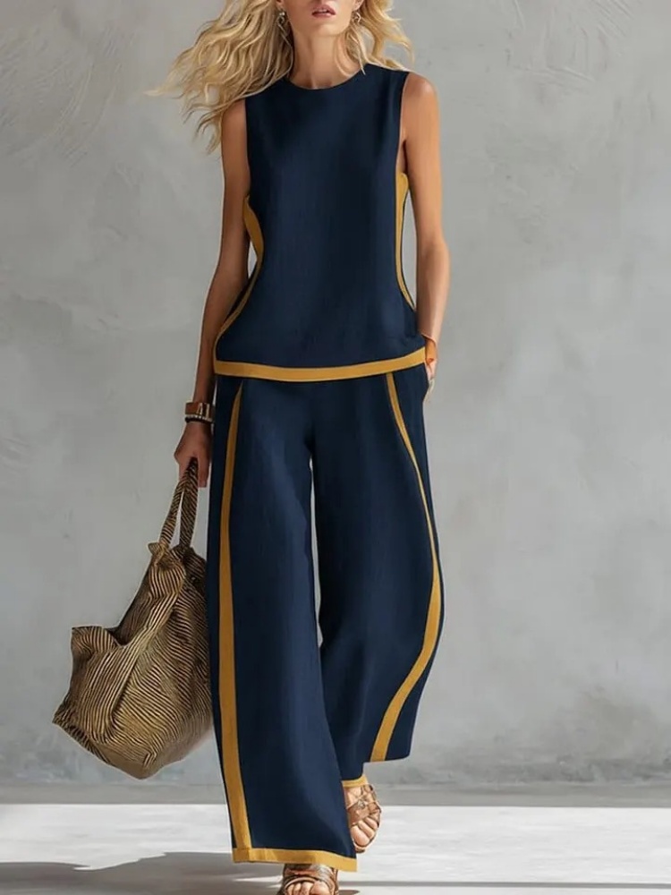 Linen Pant Wide - Casual Women's Color Block Two Piece
