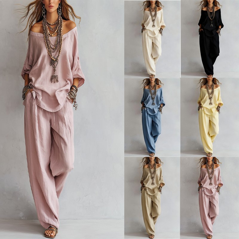Linen Pant Wide - Women's Two-piece Three-quarter Sleeve Top One-shoulder