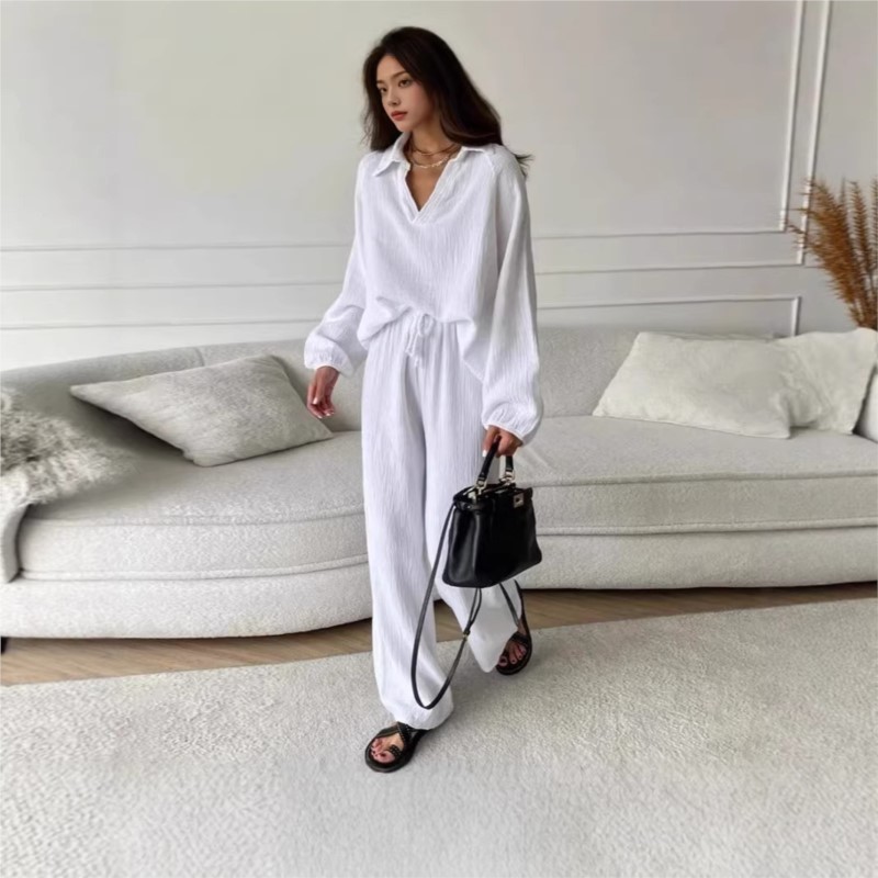 Linen Pant Wide - Women's Two-piece V-neck Long-sleeved Wide-leg Trousers