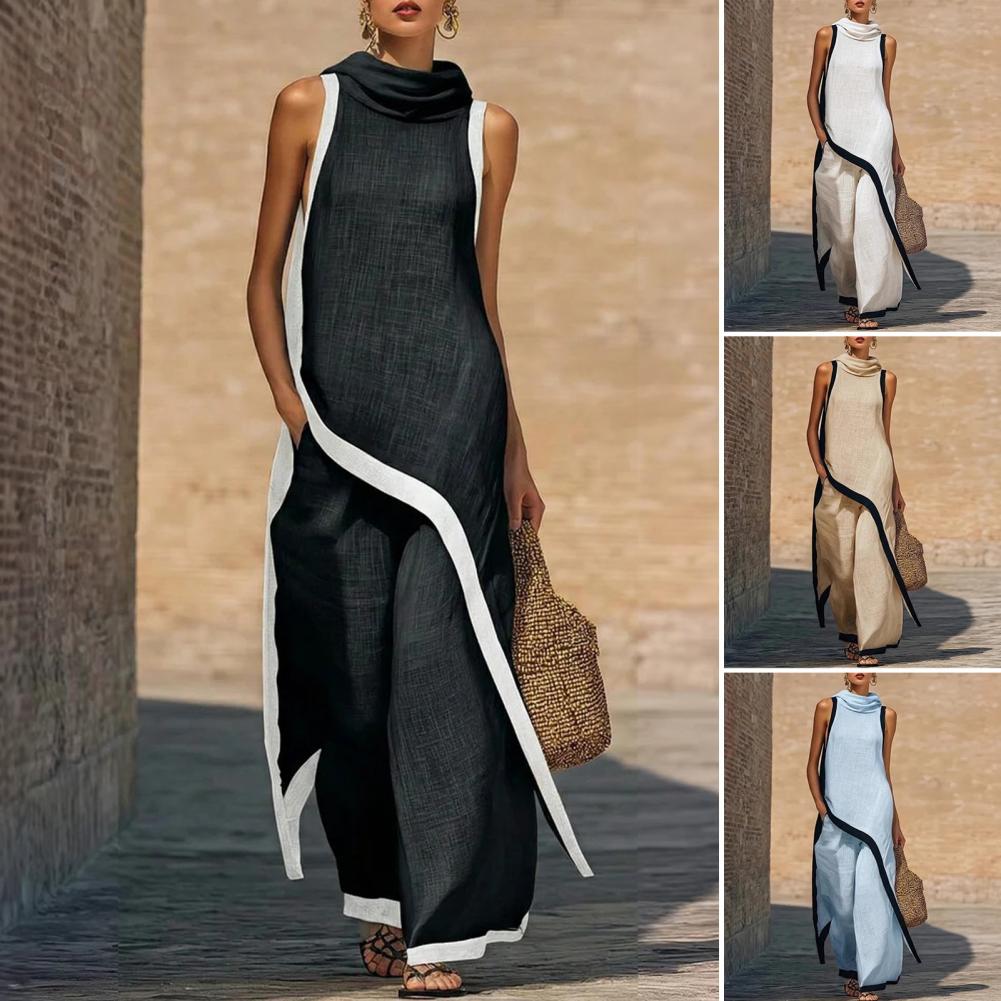 Linen Pant Wide - Women Color Block Cotton Linen Two-Piece