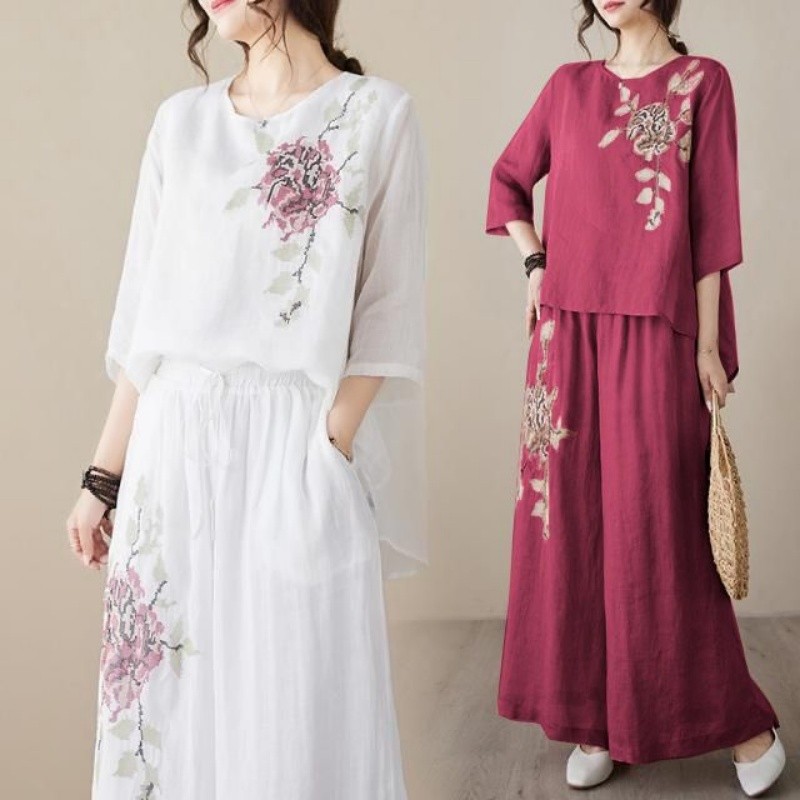 Linen Cotton Two Piece Set Wom - đánh giá và giá Linen Pant Wide